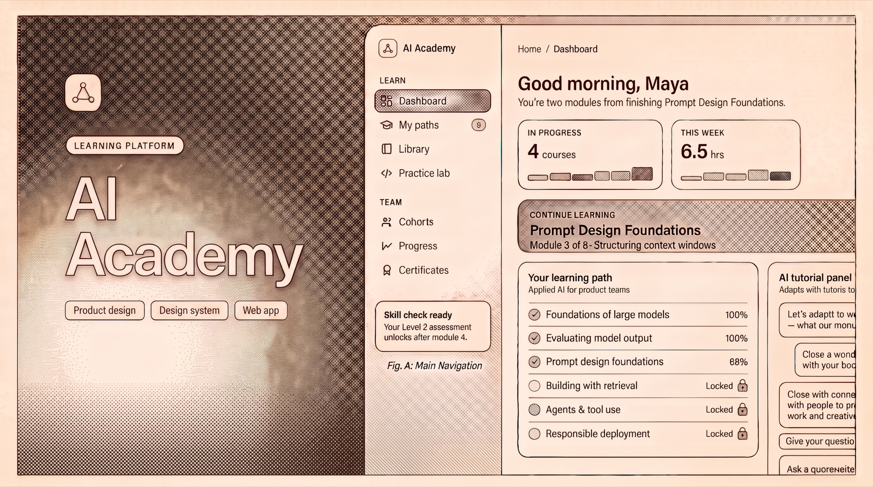 Learning platform dashboard showing course progress, a learning path with locked modules, and an AI tutorial panel