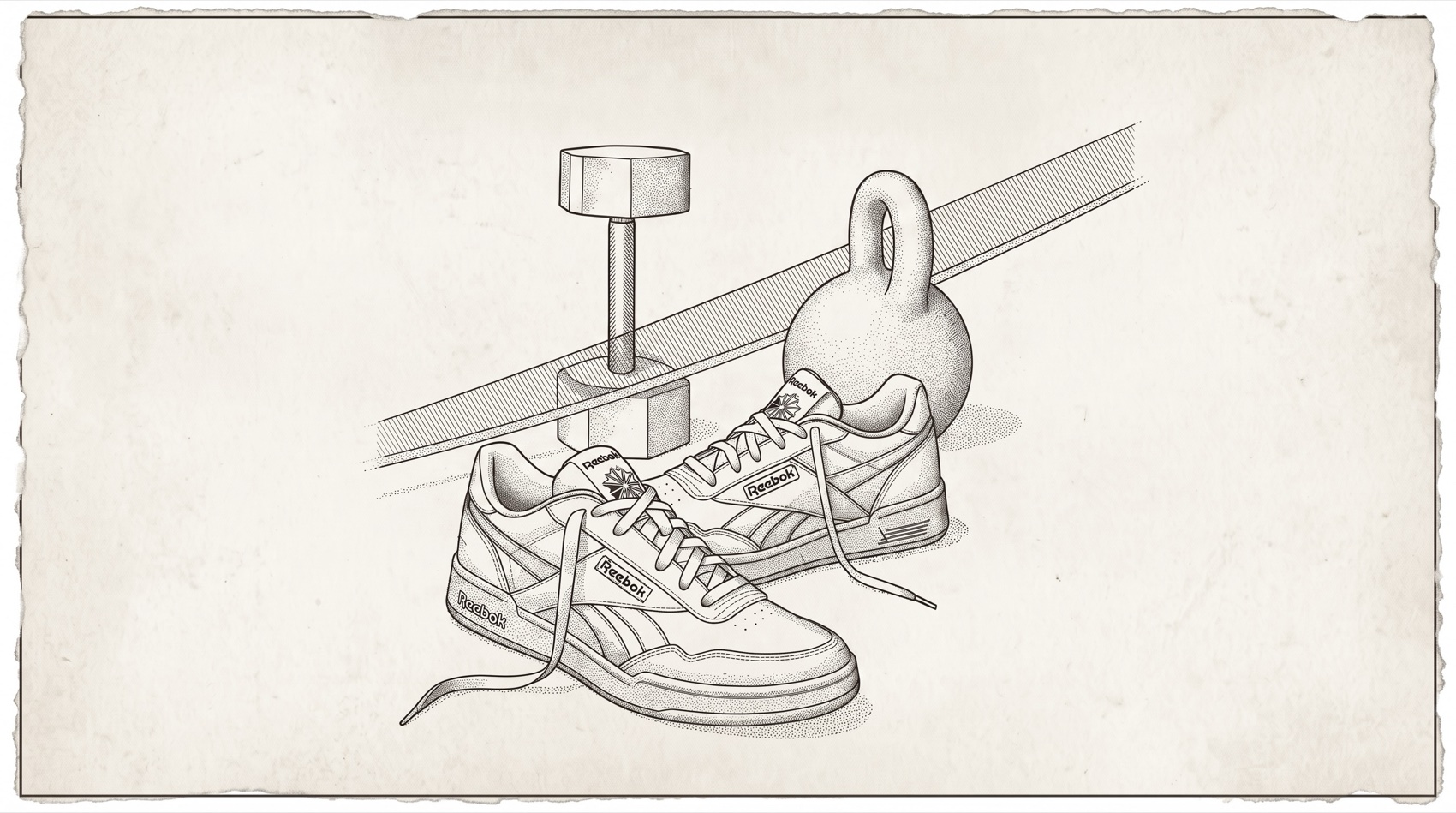 Line drawing of two Reebok sneakers with a kettlebell and dumbbell