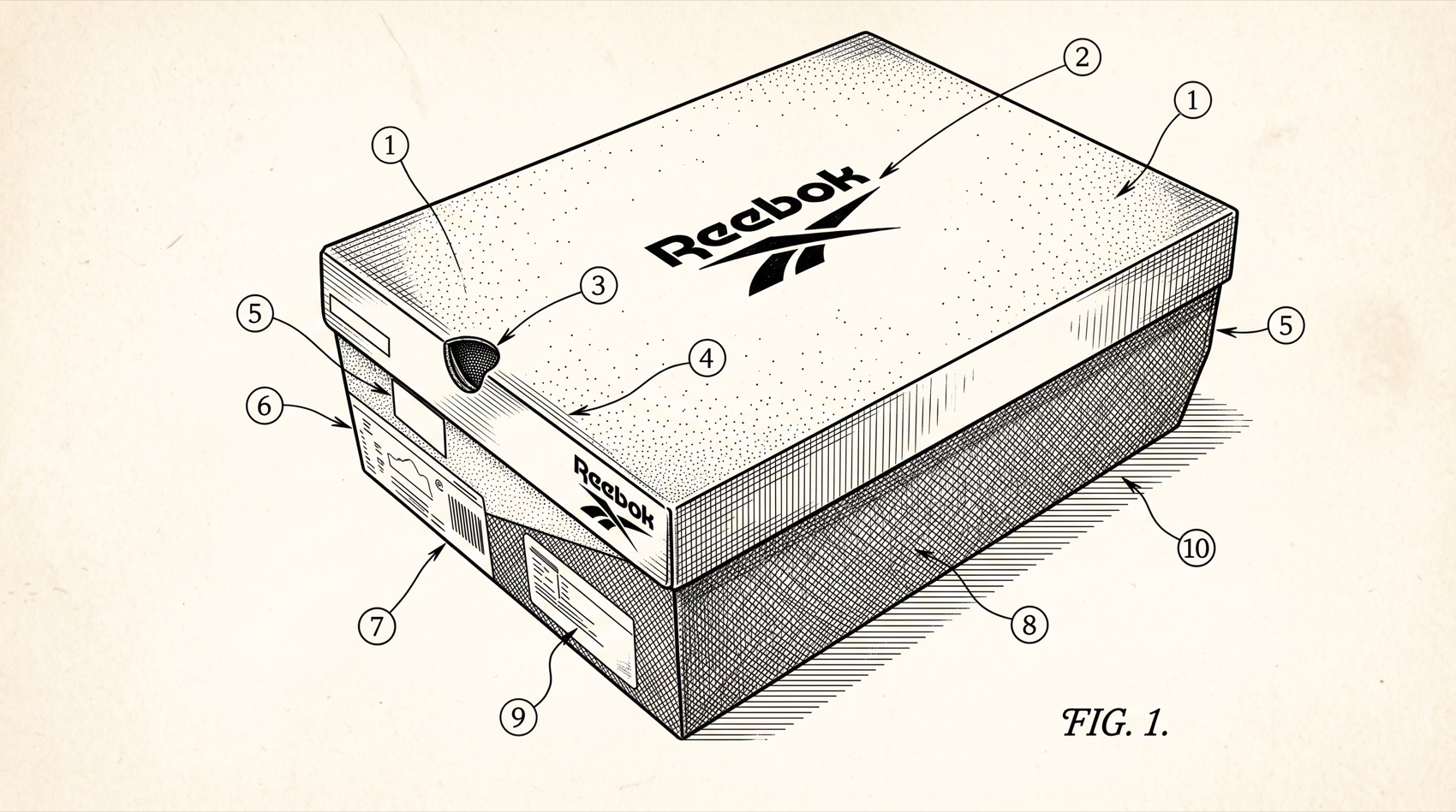 Technical illustration of a Reebok shoebox with numbered callouts