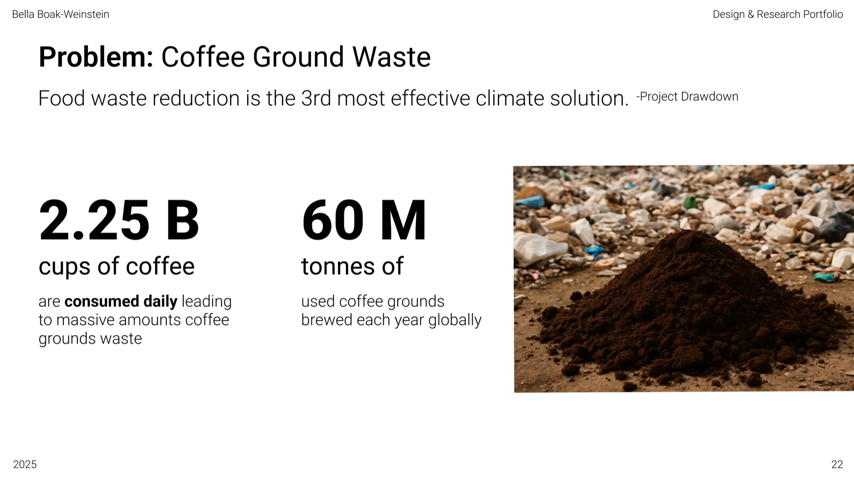 Slide: 2.25 billion cups of coffee consumed daily, 60 million tonnes of used grounds a year