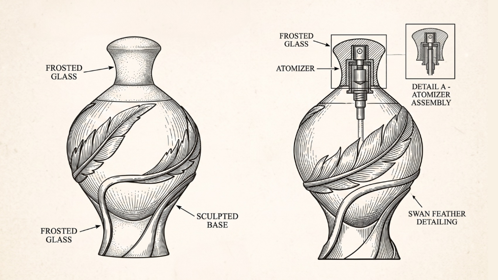 Technical illustration of the Swan Song bottle: frosted glass, sculpted base, swan feather detailing, and atomizer assembly