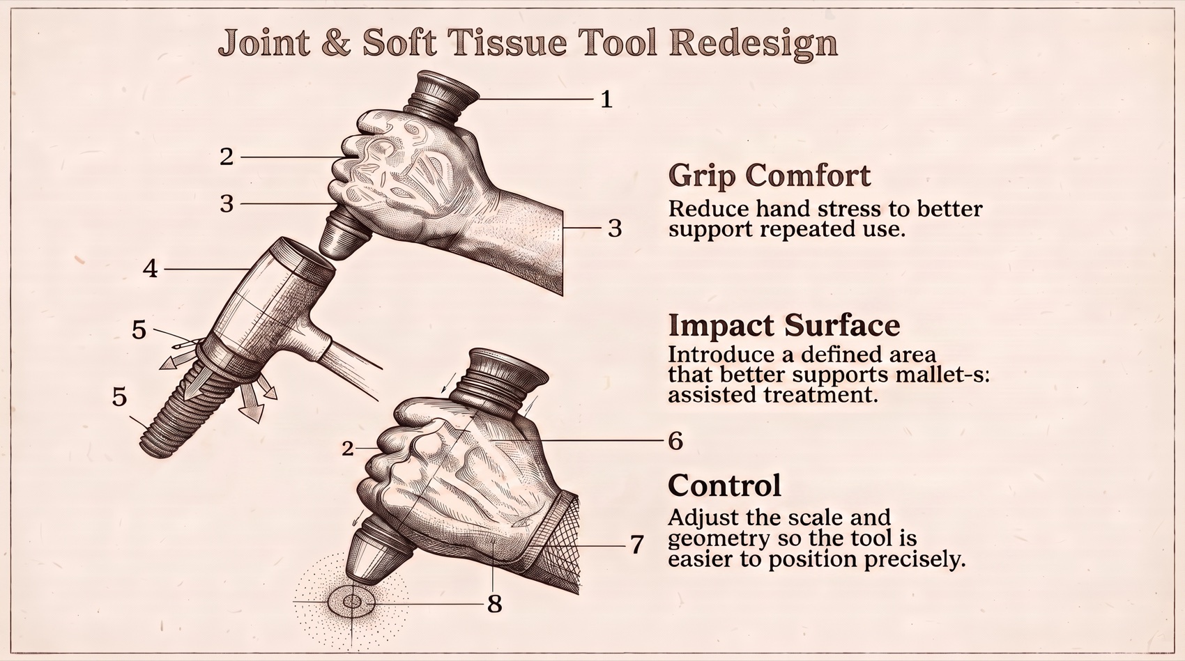 Illustration of the redesigned mobilization tool showing grip positions, impact surface, and control geometry